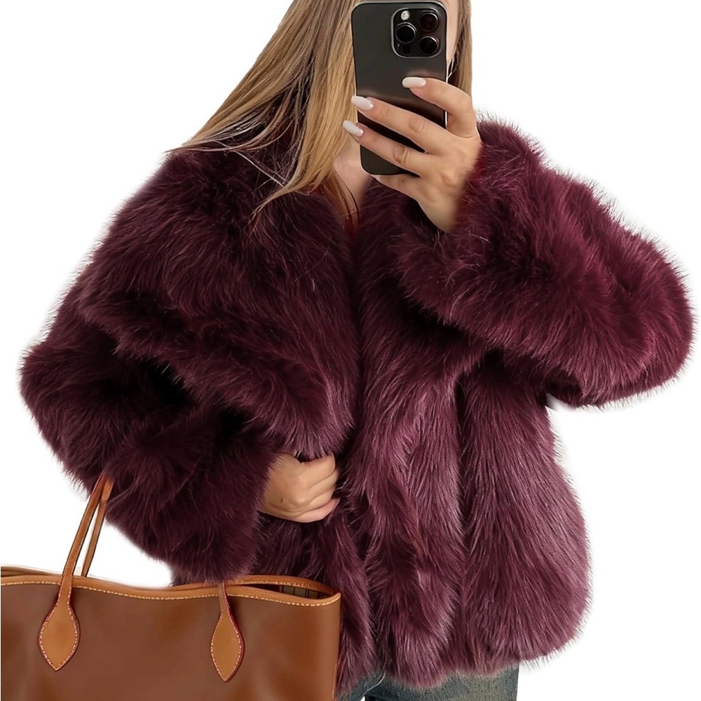 Plush Burgundy Faux Fur Coat